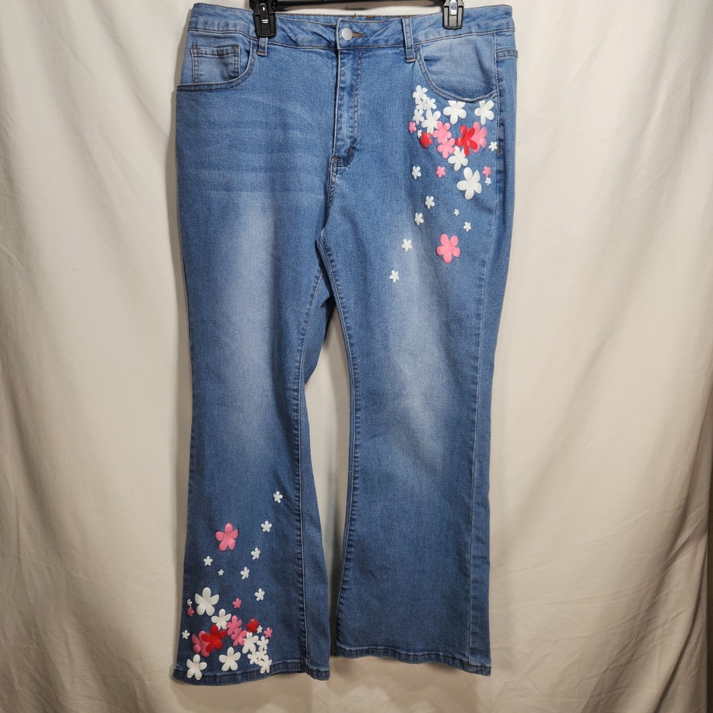 Unbranded‎ Womens Flower Jeans Size 2XL Blue Denim Boot Cut